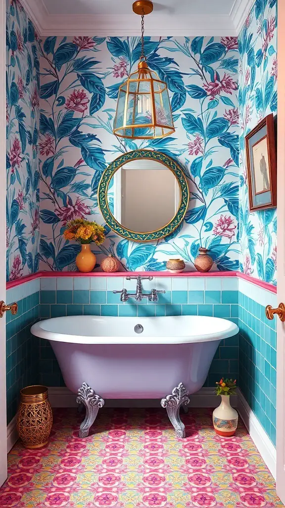 29+ Stunning Bathroom Interior Design Ideas for a Chic Retreat 9 A colorful bathroom featuring floral wallpaper, a bright pink ceiling, and a stylish bathtub.