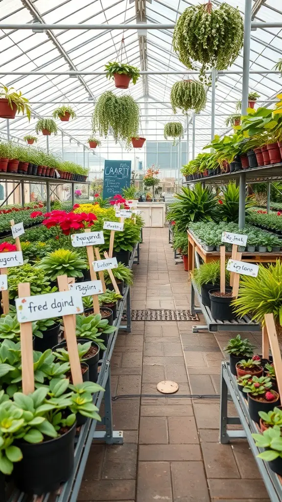 A vibrant greenhouse interior with various plants and creative wooden labels identifying each plant.