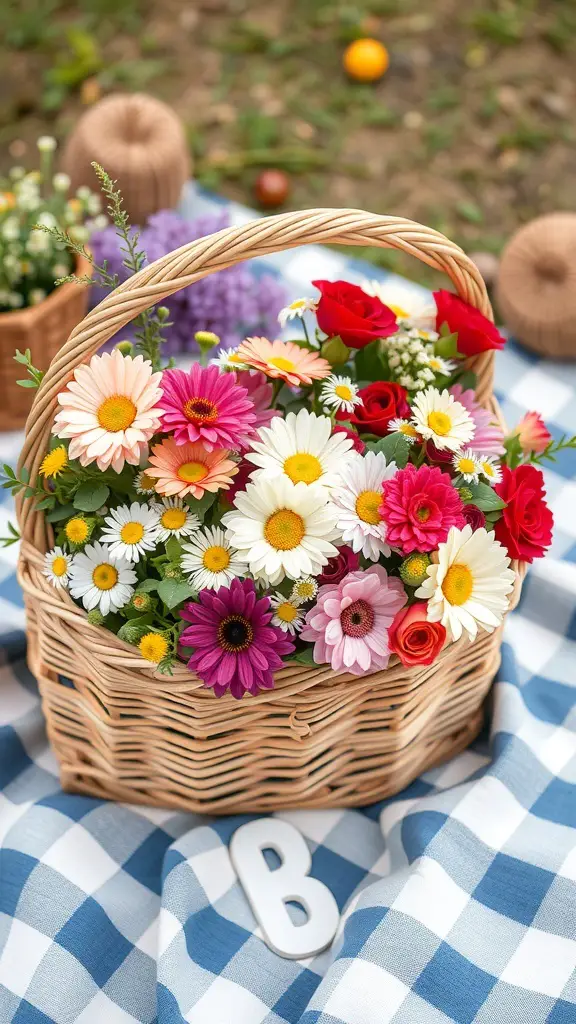 A basket filled with colorful flowers on a checkered tablecloth.