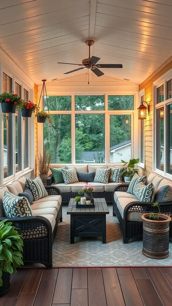 23+ Inspiring Three Season Porch Ideas to Transform Your Space 4 A cozy lounge area with plush furniture, large windows, and a central coffee table.