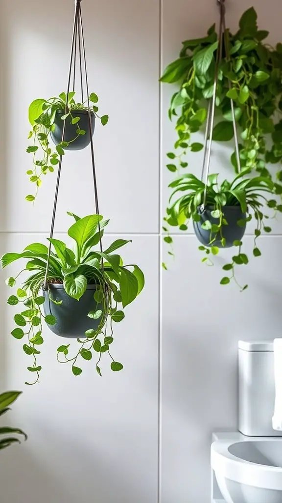 25+ Trending Bathroom Wall Decor Ideas You’ll Love 5 Hanging planters with lush green plants in a bathroom setting