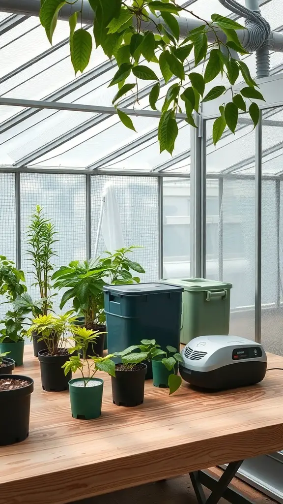 29+ Creative DIY Greenhouse Table Ideas for Your Garden 14 A wooden greenhouse table with potted plants and a watering system setup.