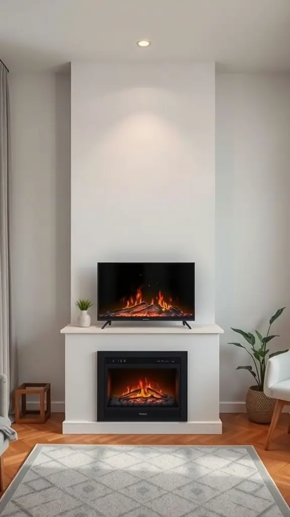 29+ Stunning Electric Fireplace Ideas to Complement Your TV 16 A modern living room featuring a TV mounted above an electric fireplace, showcasing dual functionality in a small space.
