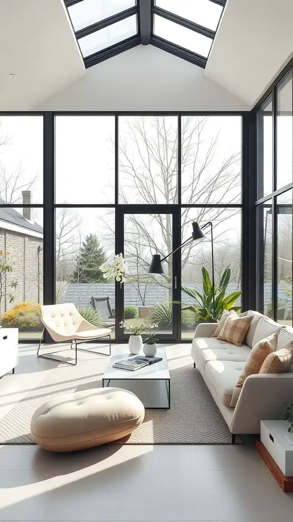 27+ Charming Small Sunroom Ideas to Brighten Your Home 4 Minimalist sunroom with large windows, clean lines, and simple furniture.