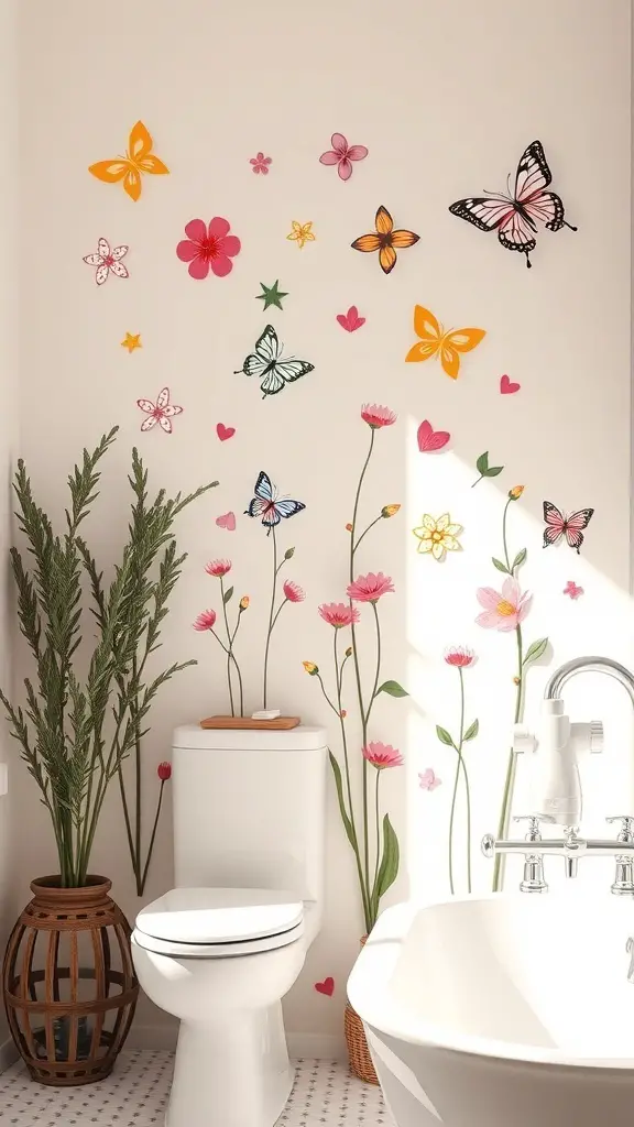 25+ Trending Bathroom Wall Decor Ideas You’ll Love 11 Colorful wall decals of butterflies and flowers in a bathroom setting
