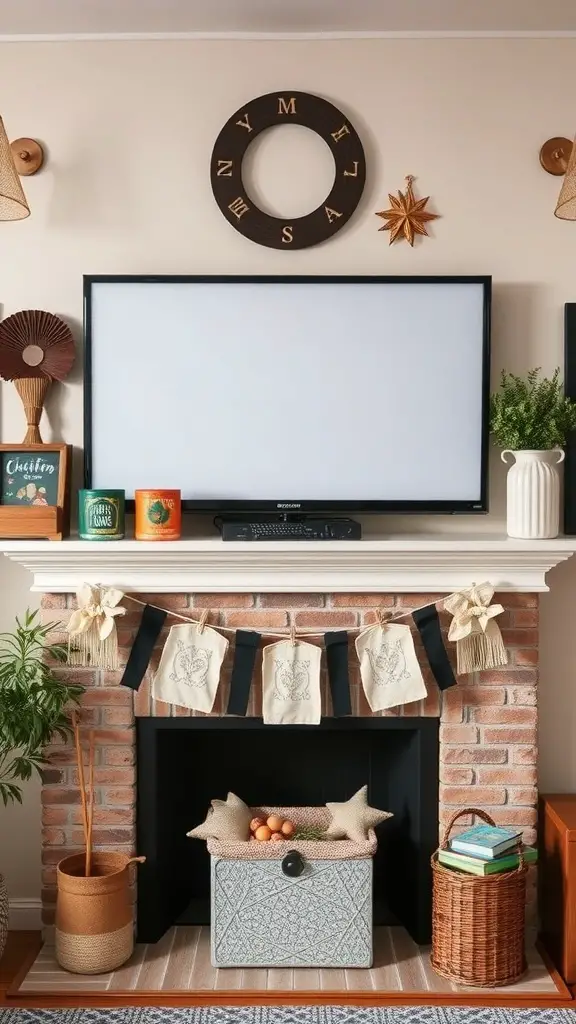 A stylish mantle decor featuring a TV, decorative items, and a cozy atmosphere.