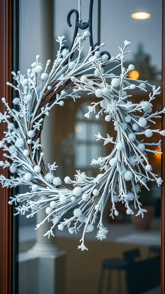 A frosty winter wreath with white branches and snowball accents hanging on a door.