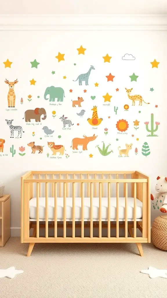 Colorful nursery wall with animal decals and a crib