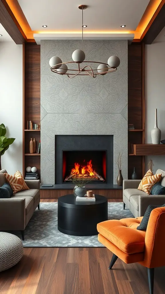 A modern living room featuring a stylish fireplace with vibrant flames, cozy seating, and unique decor.