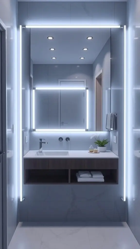 25+ Creative Bathroom Mirror Ideas to Elevate Your Space 15 A modern bathroom with an LED mirror and stylish lighting.