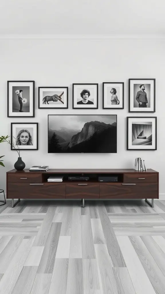 Gallery wall above a TV console featuring framed black and white photos and art.