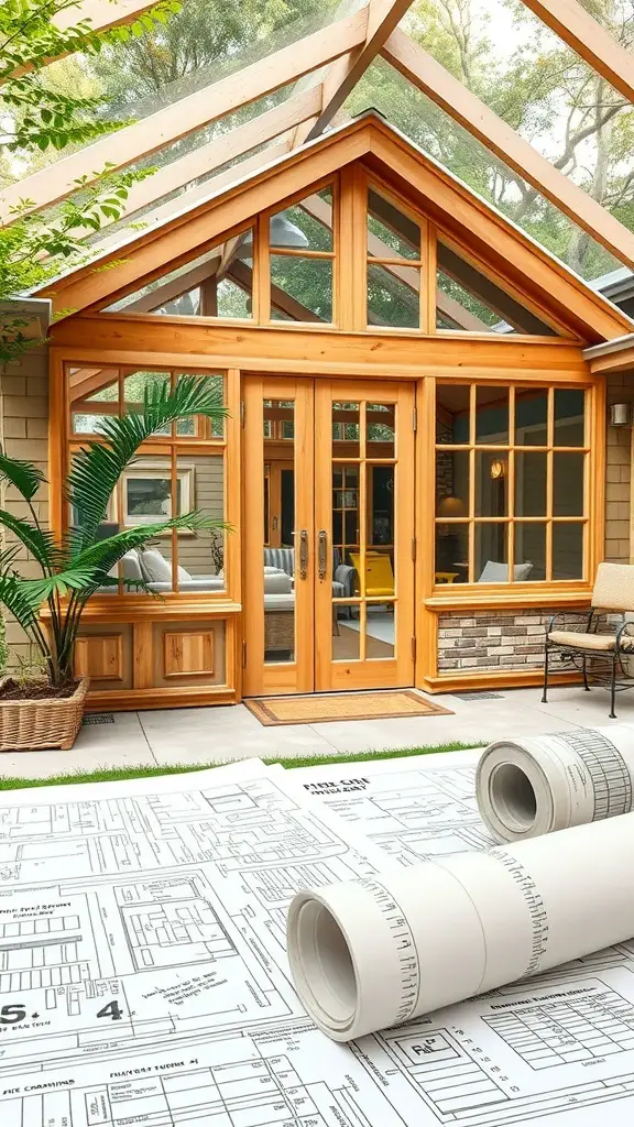 29+ Stunning Sunroom Addition Ideas Off Your Kitchen 16 A sunroom addition off a kitchen with blueprints rolled out on the ground.