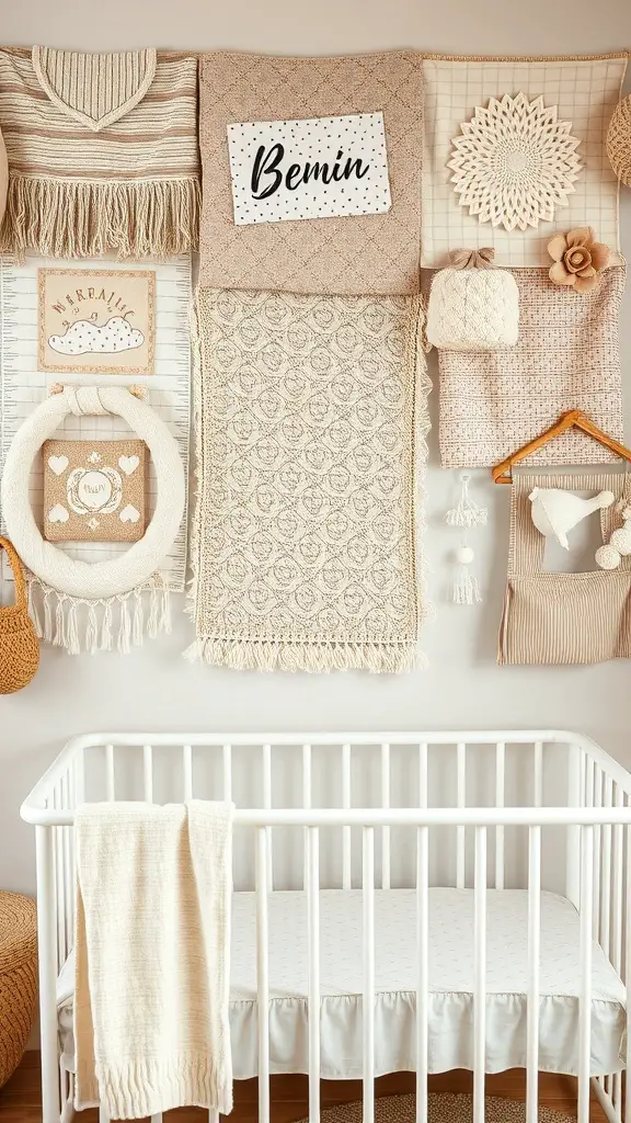 A nursery wall decorated with soft textiles and fabrics, featuring a crib and various textured wall hangings.