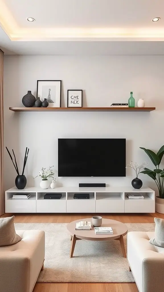 A modern living room featuring a floating shelf above a TV, showcasing decorative items and a minimalist design.