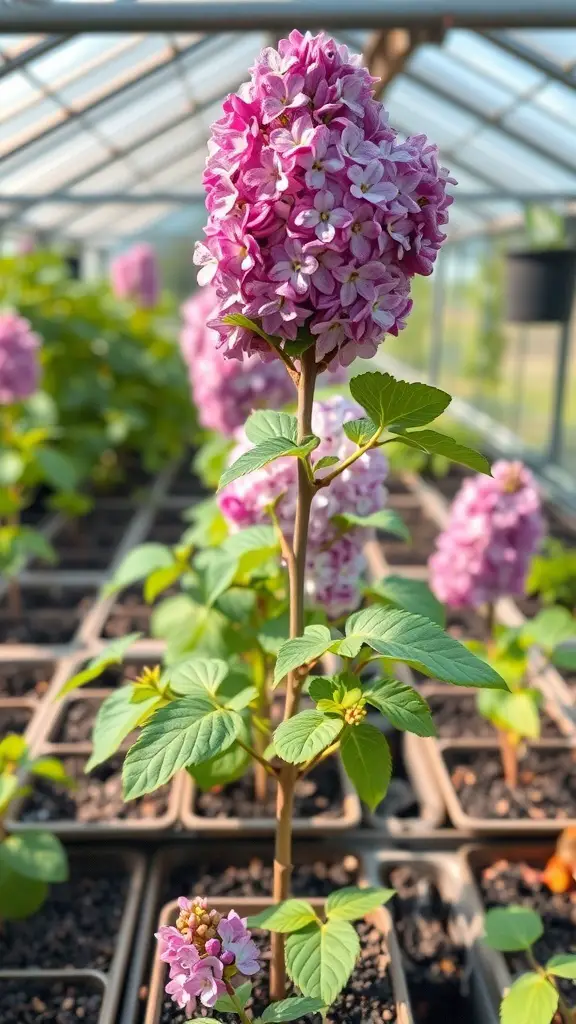 A close-up of lilac flowers in a greenhouse, showcasing their vibrant pink blooms and lush green leaves.
