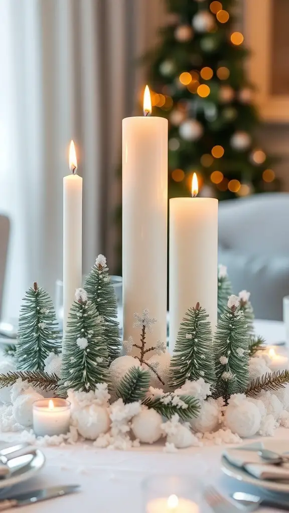 A winter table centerpiece featuring tall white candles surrounded by miniature evergreen trees and fluffy white accents.