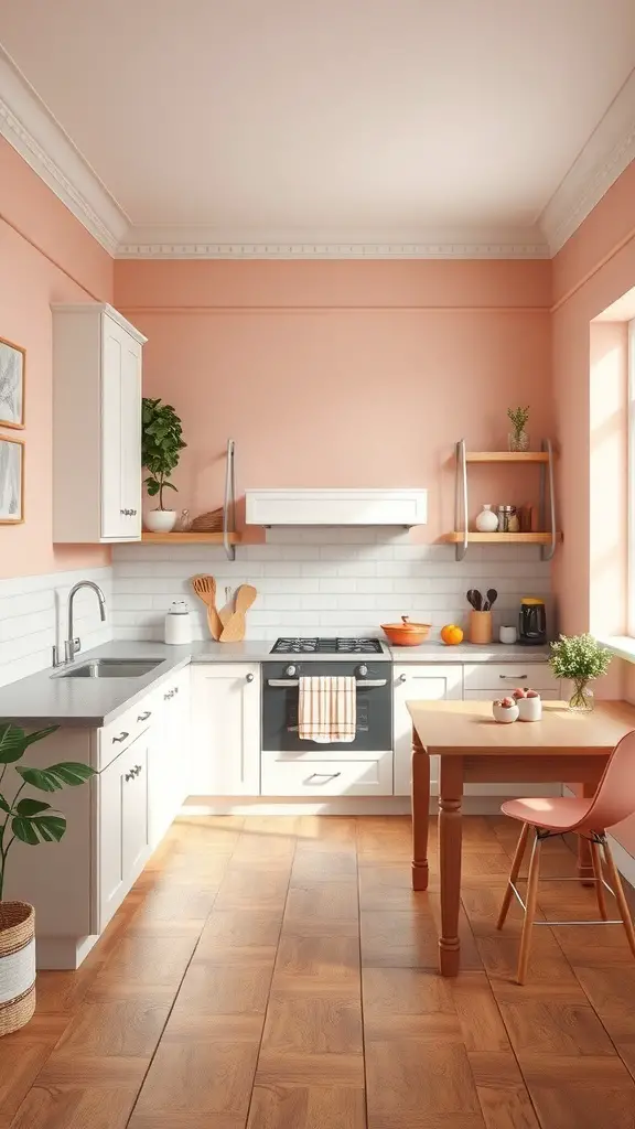 23+ Stunning U-Shaped Kitchen Layout Ideas 7 A U-shaped kitchen with peach walls, white cabinets, and warm wood flooring.