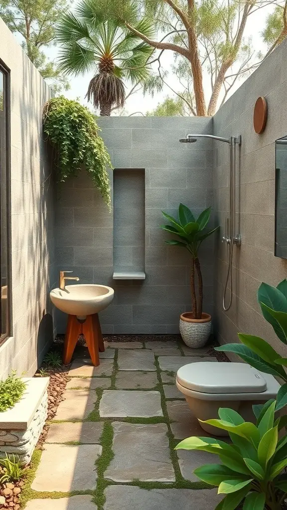 An outdoor garden bathroom with stone walls, a shower, and plants.