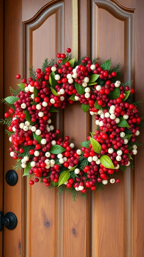 A vibrant winter wreath with red and white berries and green leaves, hanging on a wooden door.