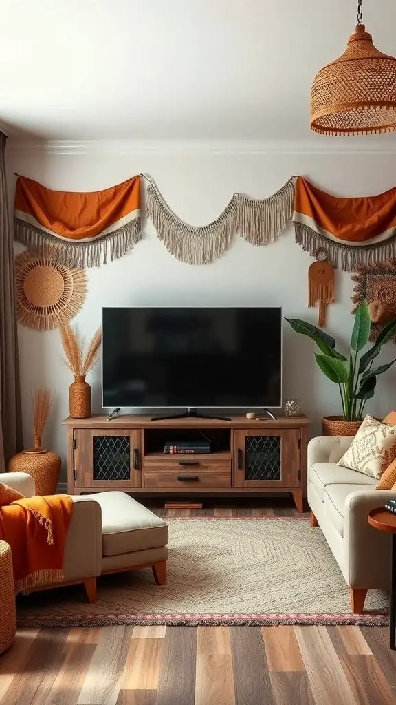 29+ Stunning Boho TV Stands for Your Living Room Makeover 13 A boho living room featuring a wooden TV stand, soft seating, and layered textures with decorative elements.