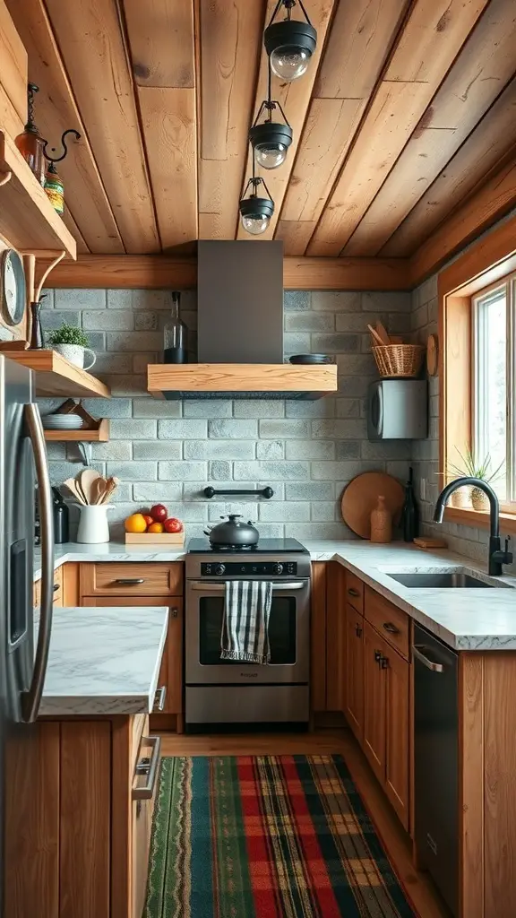 A cozy winter cabin kitchen with wooden cabinets, marble countertops, and a stone wall.