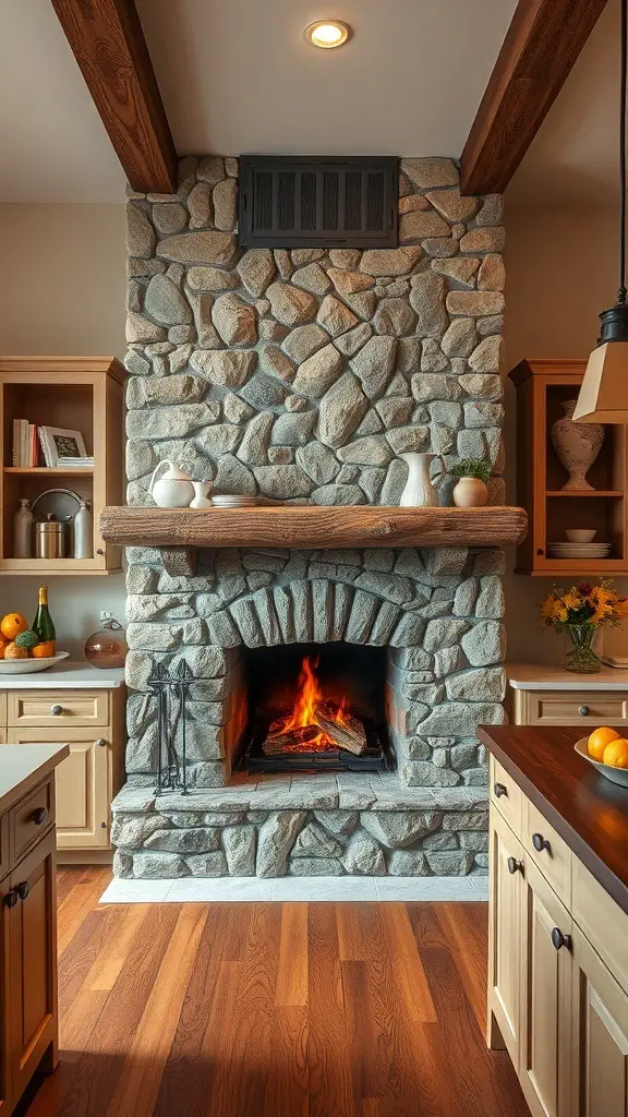 Cozy kitchen with a stone fireplace and wooden cabinetry