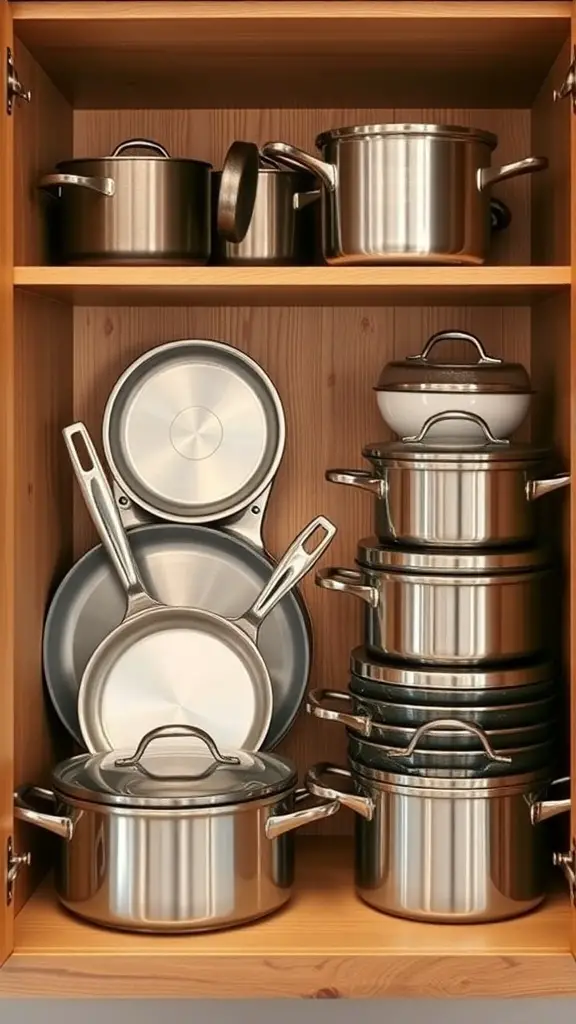 15 Must-Have Kitchen Gadgets for Ultimate Organization 14 A neatly organized cabinet with pots and pans stacked in an orderly fashion.