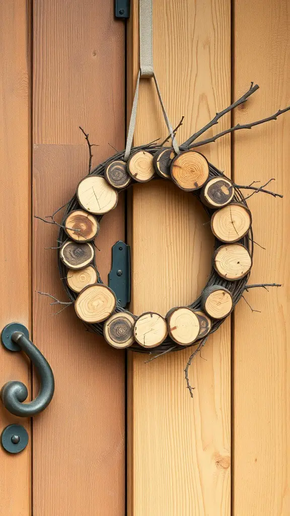 A rustic wooden slice wreath hanging on a wooden door