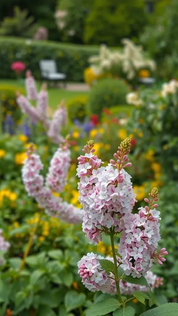 A close-up of lilac flowers in a colorful garden setting.