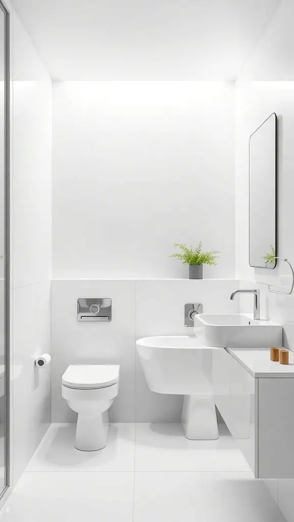 29+ Stunning Bathroom Interior Design Ideas for a Chic Retreat 6 A modern minimalist bathroom featuring white walls, a wall-mounted sink, and a small plant.