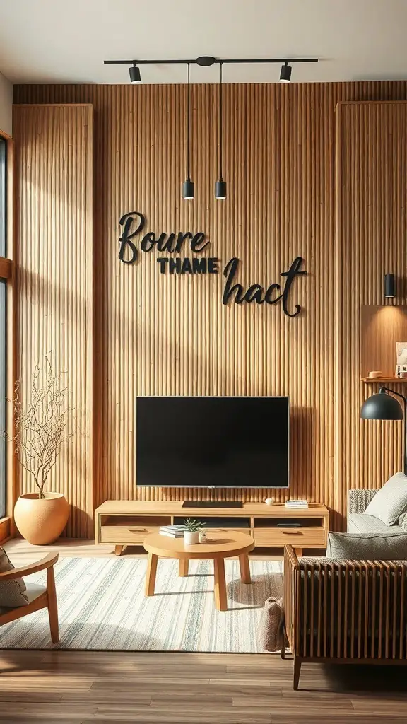 25+ Creative TV Wall Paneling Ideas for a Stylish Living Room 10 A cozy living room featuring bamboo wall paneling behind a TV, with natural decor elements.