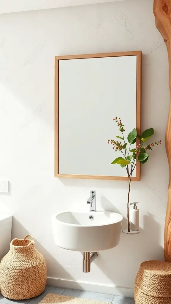 25+ Creative Bathroom Mirror Ideas to Elevate Your Space 12 A bathroom featuring a wooden-framed mirror above a modern sink, complemented by natural decor elements.