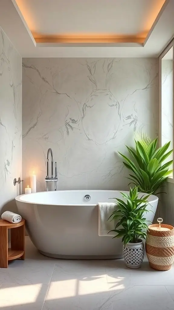 A luxurious spa-inspired bathroom featuring a freestanding tub, marble walls, and plants.