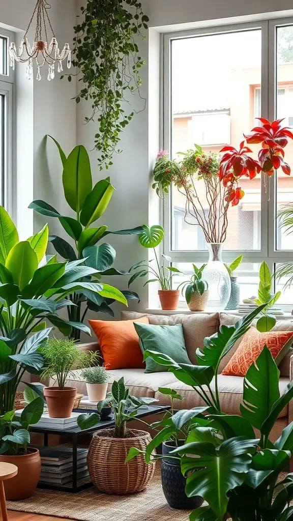 A vibrant living room filled with various indoor plants, featuring a cozy couch and decorative pillows.