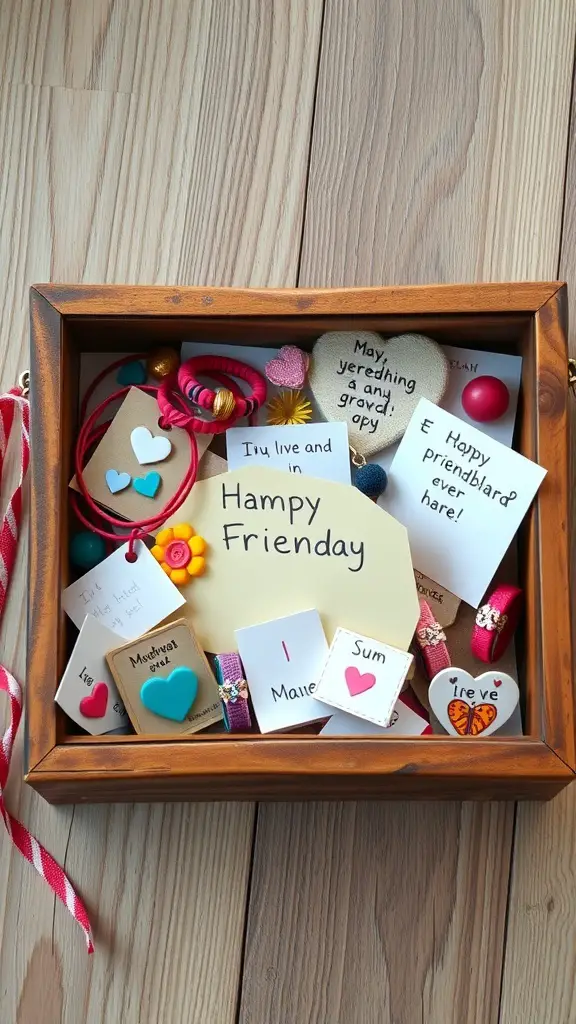 23+ Unique Memory Box Ideas s 13 A wooden memory box filled with colorful friendship tokens, notes, and trinkets celebrating friendship.