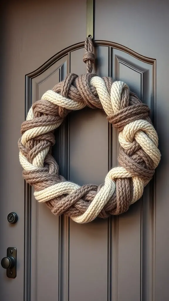 A cozy knit wreath made of brown and cream yarn, hanging on a front door.