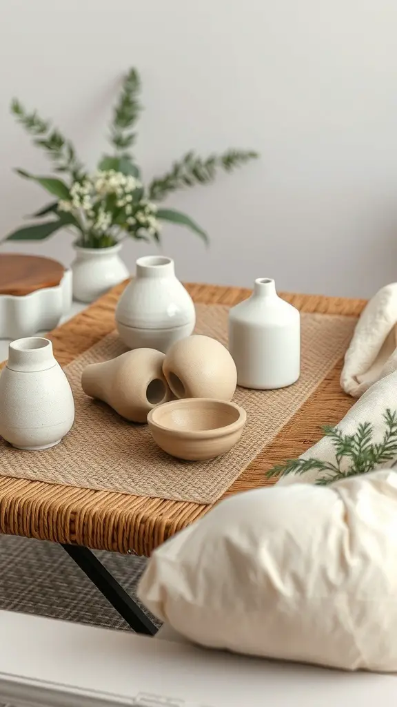 A coffee table decorated with ceramic vases, a woven placemat, and a soft pillow.