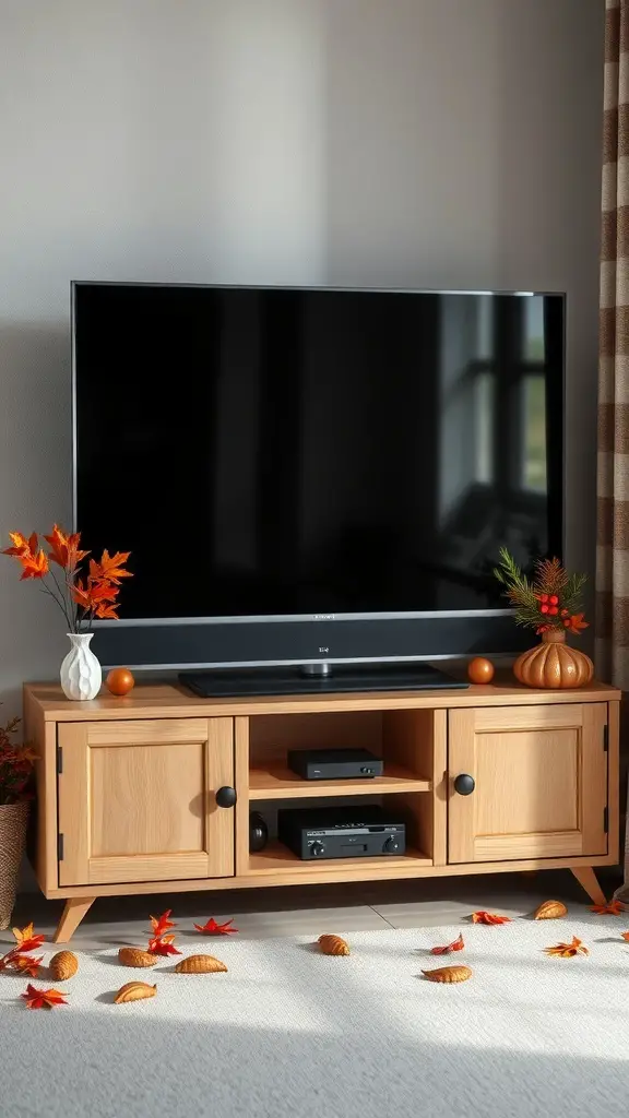 27+ Creative TV Stand Decor Ideas 11 A wooden TV stand decorated with autumn leaves, small pumpkins, and a cozy atmosphere.