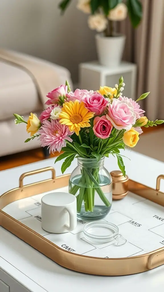 A coffee table tray featuring a floral arrangement with fresh blooms, a white mug, and a decorative item.