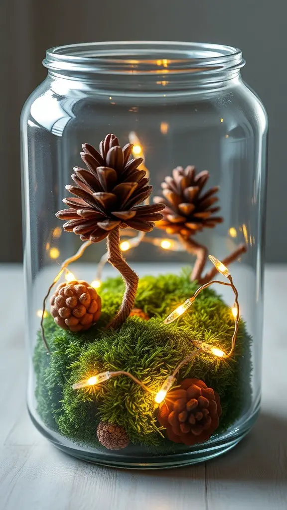 A glass jar terrarium with pinecones, moss, and fairy lights.