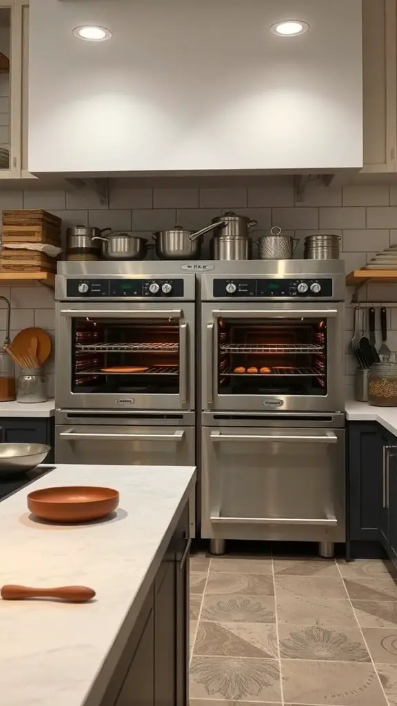 29+ Stunning Double Oven Kitchen Layout Ideas 14 A modern chef's kitchen featuring professional-grade double ovens with a marble countertop and stylish cabinetry.