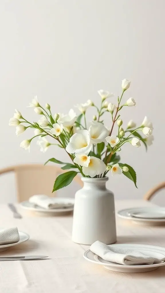 A minimalist white floral arrangement in a white vase on a dining table.