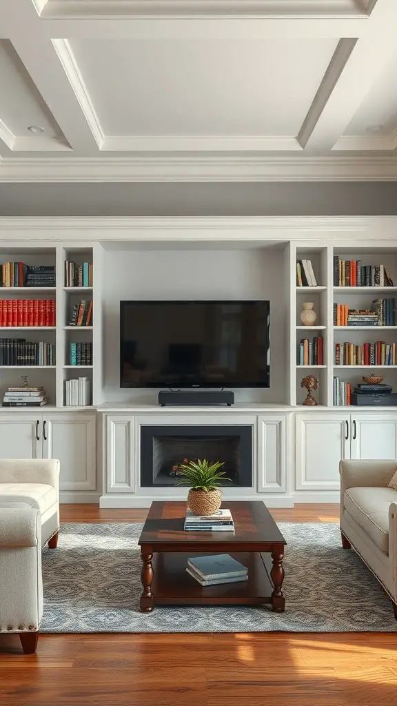 Living room with built-in bookcases flanking a TV, featuring a coffee table and cozy seating.