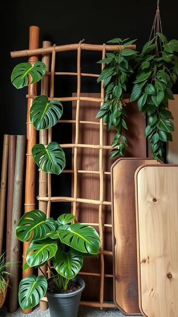 A bamboo trellis with Monstera leaves growing on it, showcasing various materials for building a plant support.