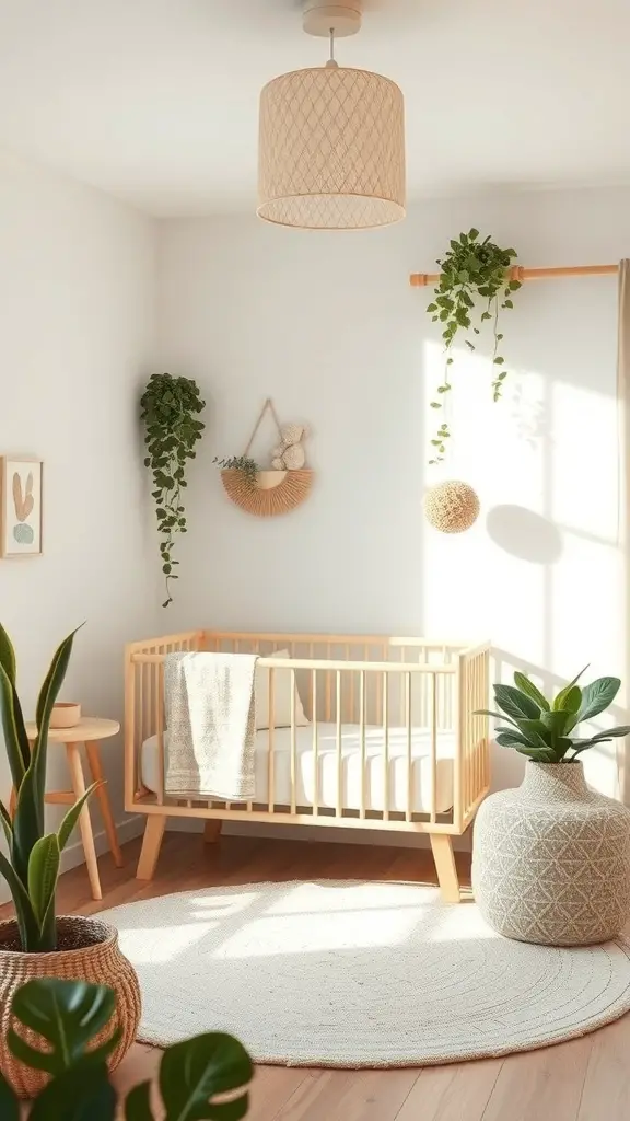27+ Adorable Neutral Baby Room Ideas to Inspire Your Nursery Design 2 A serene baby room featuring earthy tones, a wooden crib, and greenery.