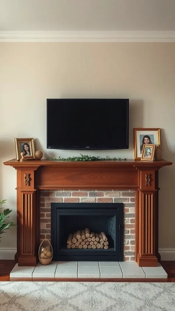 A wooden mantle with family photos, a TV, and decorative elements.
