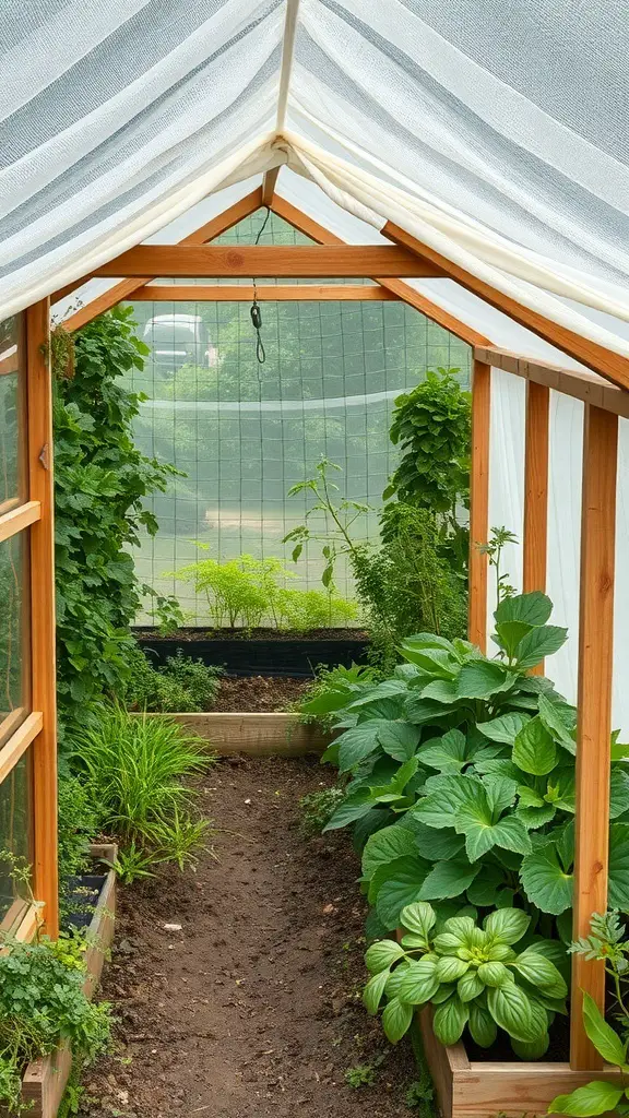 23+ Creative and Affordable DIY Greenhouse Ideas to Try 9 Interior view of a tarp and frame greenhouse with lush plants on either side and a dirt path in the middle.