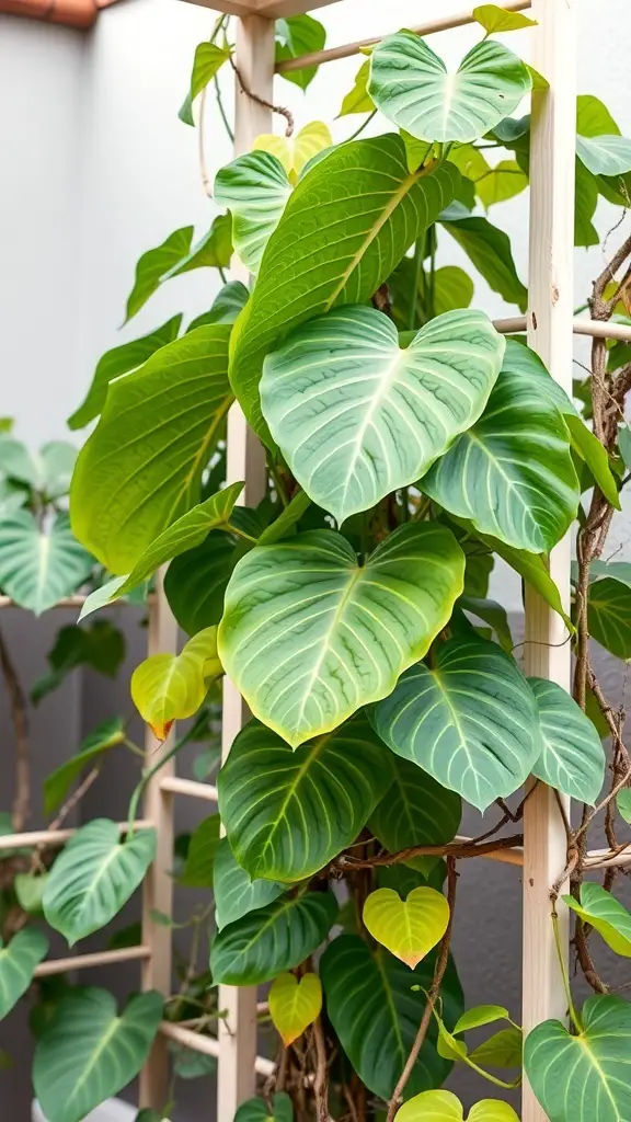 A Monstera plant climbing a wooden trellis with vibrant green leaves.