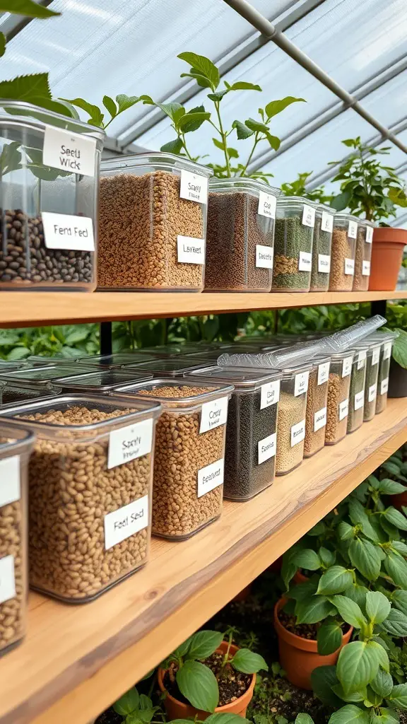 Clear containers filled with various seeds, neatly organized on a shelf in a greenhouse.
