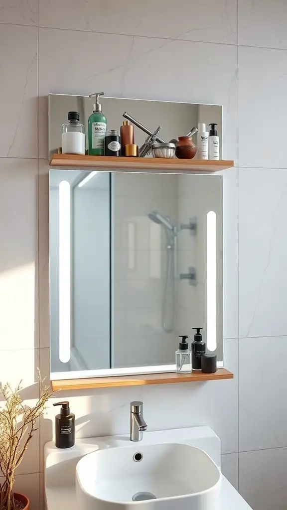 25+ Creative Bathroom Mirror Ideas to Elevate Your Space 6 A modern bathroom mirror with a wooden shelf holding various skincare products.